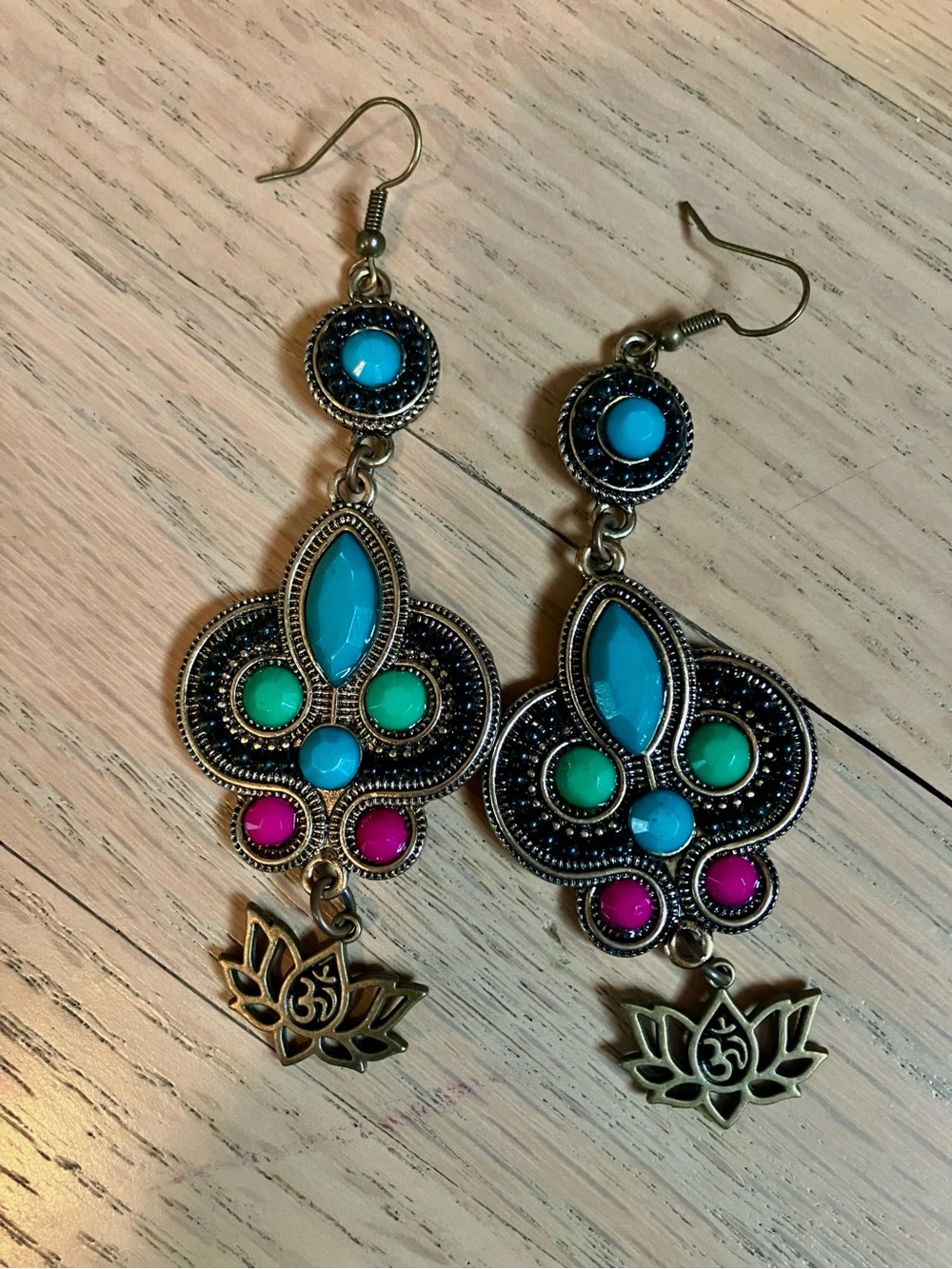 Bohemian Turquoise & Pink Lotus Drop Earrings - Unbranded